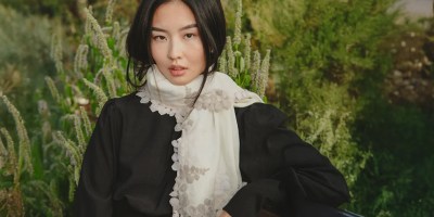 : Ivory Wool and Silk Scarf with Beige Scalloped Lace Border Styled Outdoors by Maneesha Ruia